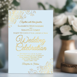 Elegant Gold Floral Frills on Powder Blue Wedding Folieneinladung