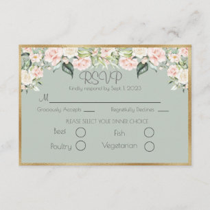 Elegant Gold Floral Green Script Wedding RSVP