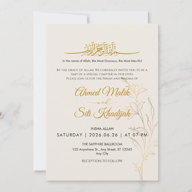 Elegant Gold Floral Islamic Wedding Nikah Einladung (Vorderseite)