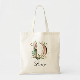 Elegant Gold Floral Letter D Monogram Tote Bag