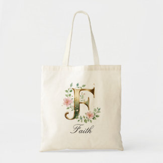 Elegant Gold Floral Letter F Monogram Tote Bag