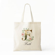 Elegant Gold Floral Letter F Monogram Tote Bag