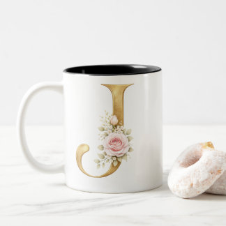 Elegant Gold Floral Letter J Monogram Logo Zweifarbige Tasse