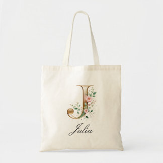 Elegant Gold Floral Letter J Monogram Tote Bag Tragetasche