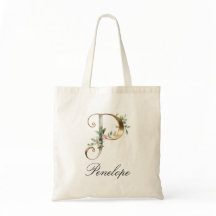 Elegant Gold Floral Letter P Monogram Tote Bag