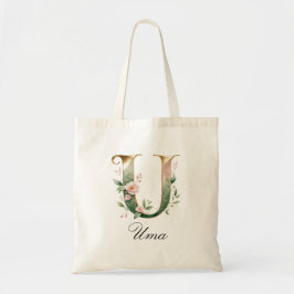 Elegant Gold Floral Letter U Monogram Tote Bag Tragetasche