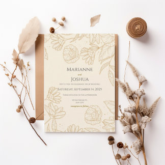 Elegant Gold Floral Line Art Wedding Invitation Einladung