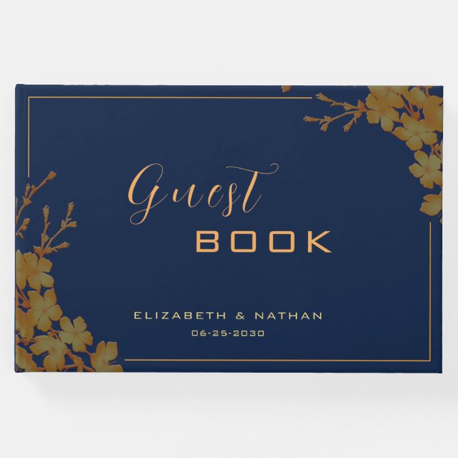 Elegant Gold Floral Navy Blue Gästebuch (Vorderseite)