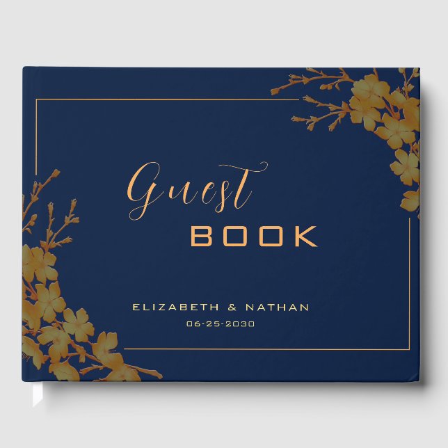 Elegant Gold Floral Navy Blue Gästebuch (Vorderseite)