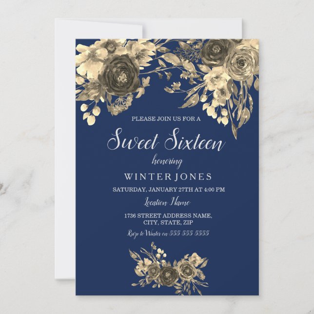 Elegant Gold Floral Navy Blue Sweet 16 Einladung (Vorderseite)