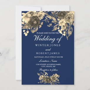 Elegant Gold Floral Navy Blue Wedding Einladung