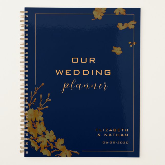 Elegant Gold Floral Navy Blue Wedding Planer (Vorderseite)