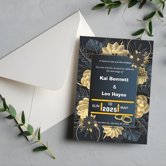 Elegant Gold Floral Navy Holiday Wedding Invite Einladung (Elegant Gold Floral Navy Holiday Wedding Invite)