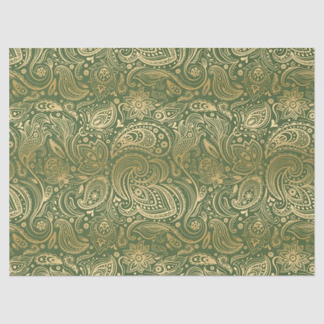 Elegant Gold Floral Paisley auf grünem Hintergrund Seidenpapier (Vorderseite)