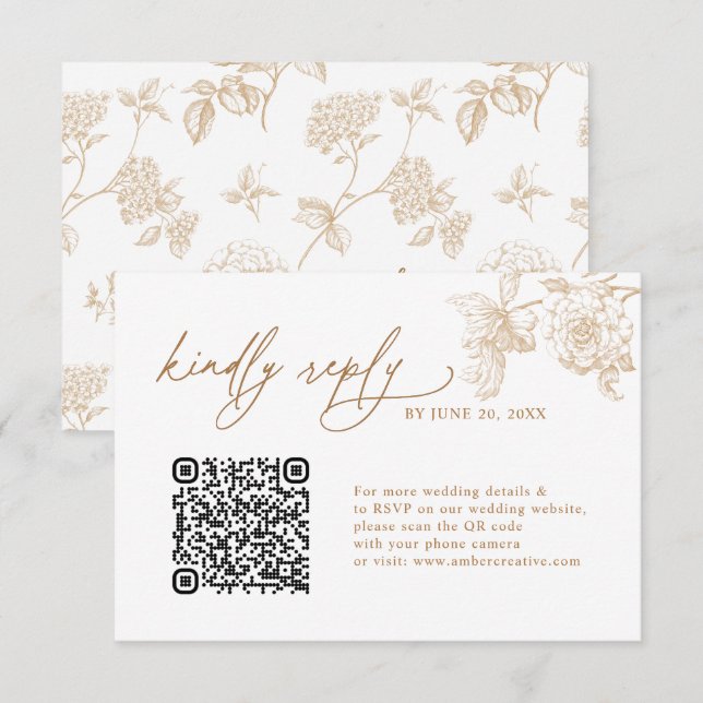 Elegant Gold Floral QR code Wedding RSVP Cards (Vorne/Hinten)