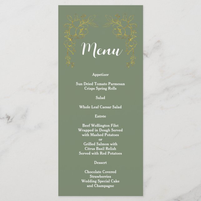 Elegant Gold Floral Sage Green Wedding  Menükarte (Vorderseite)