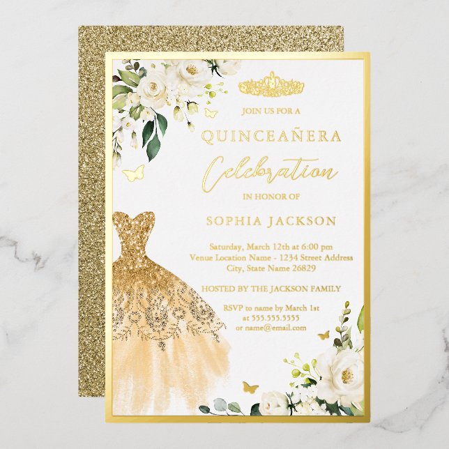 Elegant Gold Floral Tiara Kleid Quinceanera Folieneinladung (Vorderseite/Rückseite)