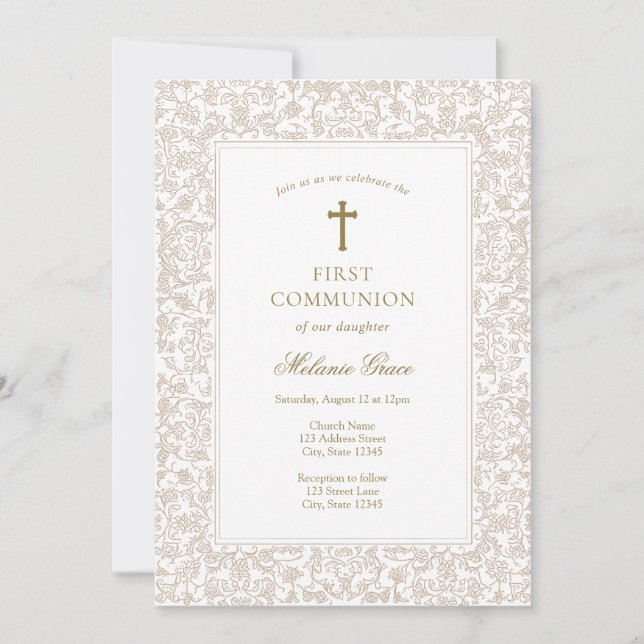 Elegant Gold Floral Traditional First Communion  Einladung (Vorderseite)
