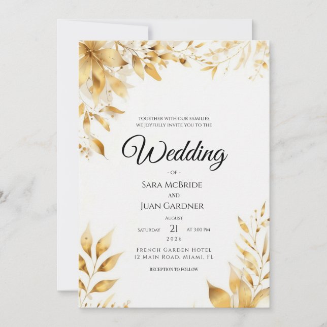 Elegant Gold Floral Wedding Invitation Einladung (Vorderseite)