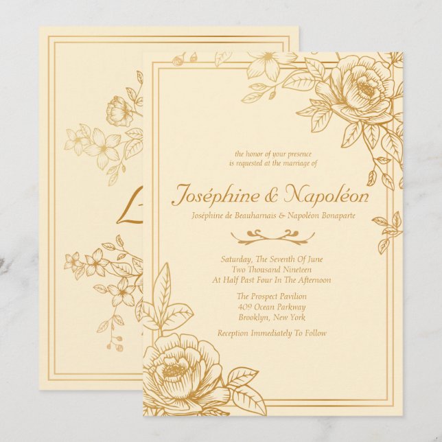 Elégant Gold Floral Wedding Invitations (Devant / Derrière)