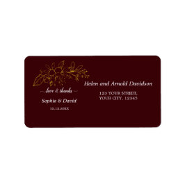 Elegant Gold Flowers Deep Burgundy Wedding Return  Adressaufkleber