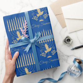 Elegant Gold Flying Dove Menorah Blue Hanukkah Geschenkpapier