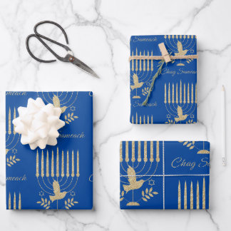 Elegant Gold Flying Dove Menorah Blue Hanukkah Geschenkpapier Set