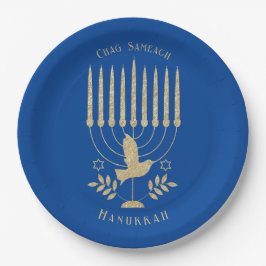 Elegant Gold Flying Dove Menorah Blue Hanukkah Pappteller