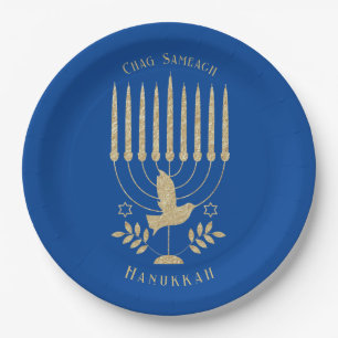 Elegant Gold Flying Dove Menorah Blue Hanukkah Pappteller