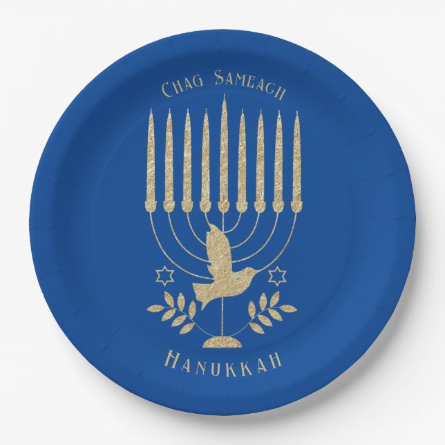 Elegant Gold Flying Dove Menorah Blue Hanukkah Pappteller (Vorderseite)