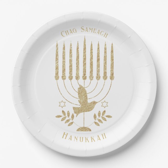 Elegant Gold Flying Dove Menorah Hanukkah Pappteller (Vorderseite)