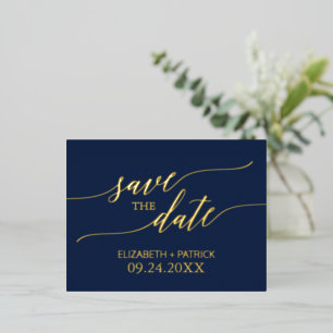 Elegant Gold Foil Calligraphy Navy Save the Date Folie Einladungspostkarte
