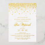 Elegant Gold Foil Confetti Dots Bar Mitzvah Folieneinladung<br><div class="desc">Einladende Gäste mit dieser individuellen Goldfolie Bar Mitzvah. Es verfügt über Goldfolie Konfetti Punkte und ein elegantes Skript. Personalisieren Sie diese echte Goldfolie Bar Mitzvah Einladung durch Hinzufügen von Namen,  Datum,  Uhrzeit und anderen Veranstaltungsdetails. Diese moderne Goldfolie Bar Mitzvah Einladung ist auch in anderen Hintergrundfarben und Folienveredelungen erhältlich.</div>