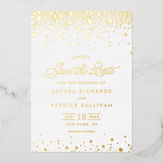 Elegant Gold Foil Confetti Dots Save the Date Folieneinladung (Vorderseite)