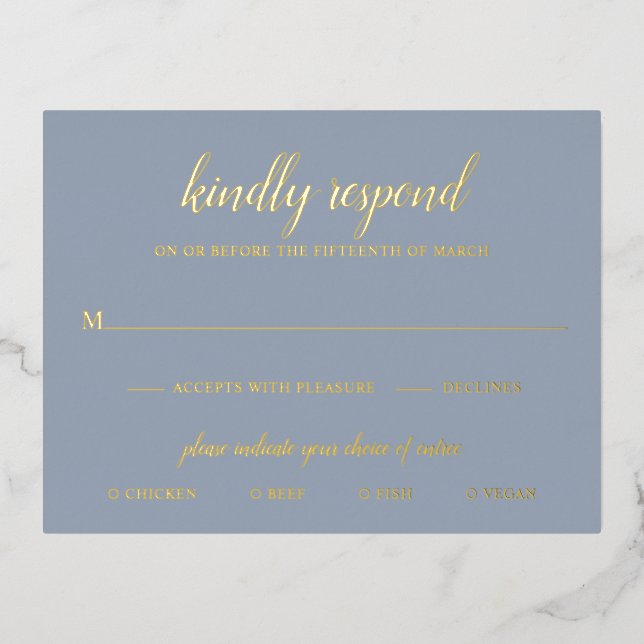 Elégant Gold Foil Dusty Blue Wedding Carte RSVP (Recto)