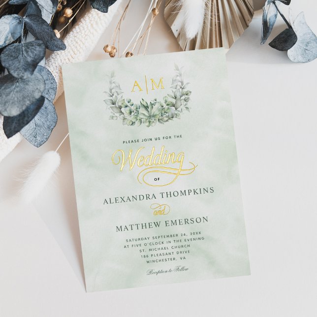 Elegant Gold Foil Eucalyptus Monogram Wedding Folieneinladung (Von Creator hochgeladen)