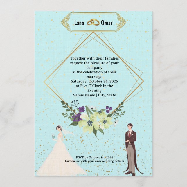 Elegant Gold Foil Geometric Dusty Blue Wedding  Einladung (Vorderseite)