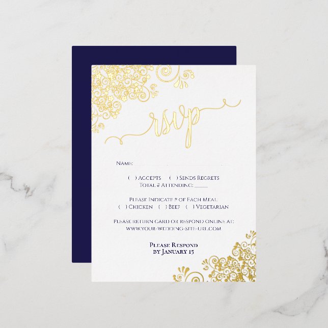 Elégant Gold Foil Marine Blue Wedding Carte RSVP (Recto/Verso)