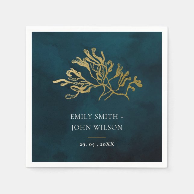 ELEGANT GOLD FOIL NAVY UNTERWASSER MEERESWEED WEDD SERVIETTE (Vorderseite)