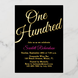 Elegant Gold Foil Pink Black 100th Birthday Party Folieneinladung