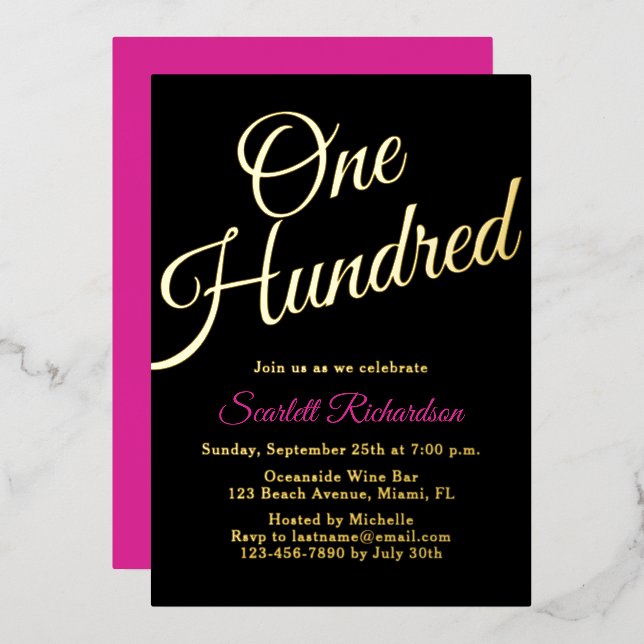Elegant Gold Foil Pink Black 100th Birthday Party Folieneinladung (Vorderseite/Rückseite)