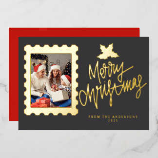 Elegant Gold Foil Postage Stamp Merry Christmas Folien Feiertagskarte