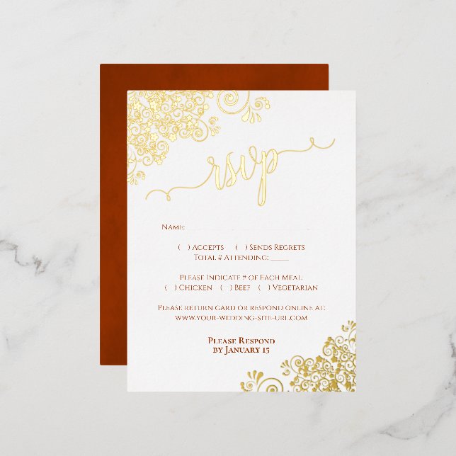 Elégant Gold Foil Rust Orange Wedding Carte RSVP (Recto/Verso)