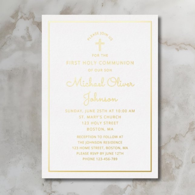 Elegant Gold Foil Script Blue First Communation Folieneinladung (Elegant Gold Foil Script Blue First Communion Foil Invitation)