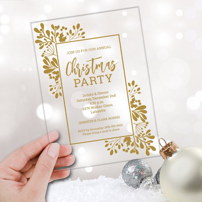 Elegant Gold Foliage Christmas Party Acryleinladungen (Elegant gold foliage CLEAR ACRYLIC Christmas party invitations)