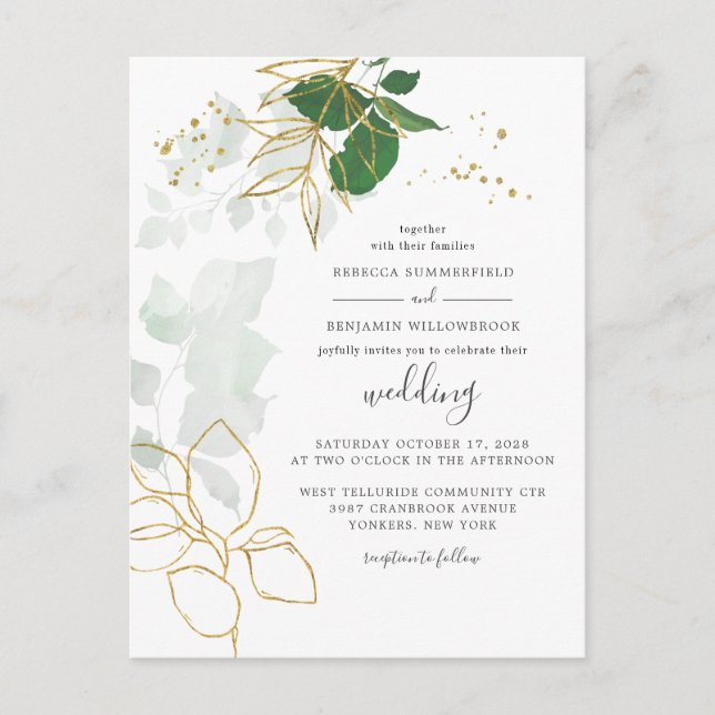 Elegant Gold Foliage Eukalyptus Greenerity Wedding Einladungspostkarte (Vorderseite)