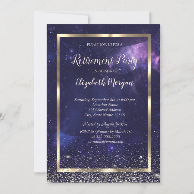 Elegant Gold Frame Confetti Cool Purple Retirement Einladung (Vorderseite)