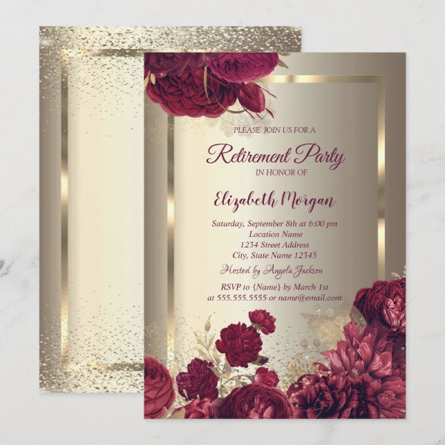 Elegant Gold Frame Confetti Roses Gold Retirement  Einladung (Vorne/Hinten)