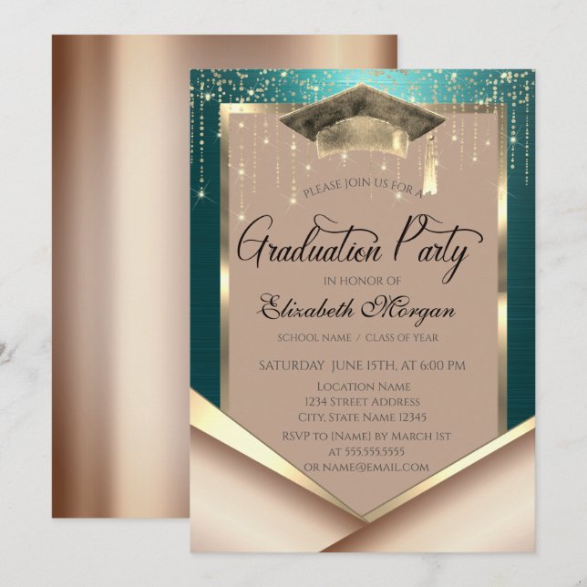 Elegant Gold Frame Diamonds Green Graduation Einladung (Vorne/Hinten)