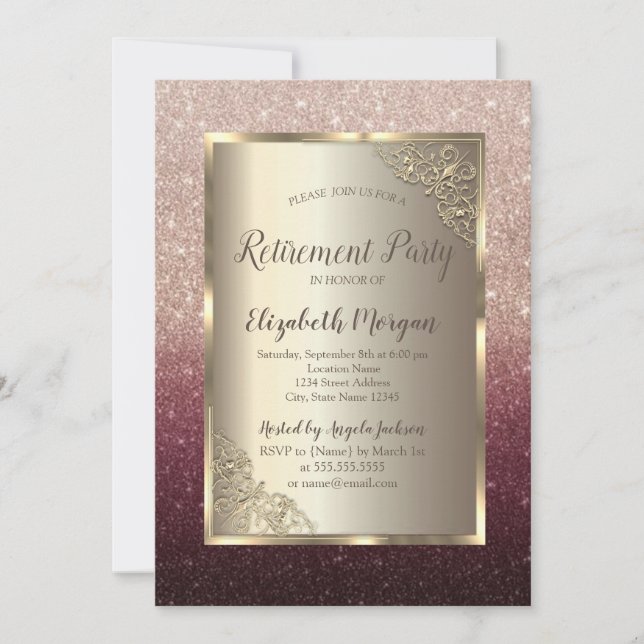 Elegant Gold Frame Glitter Ombre Retirement  Einladung (Vorderseite)